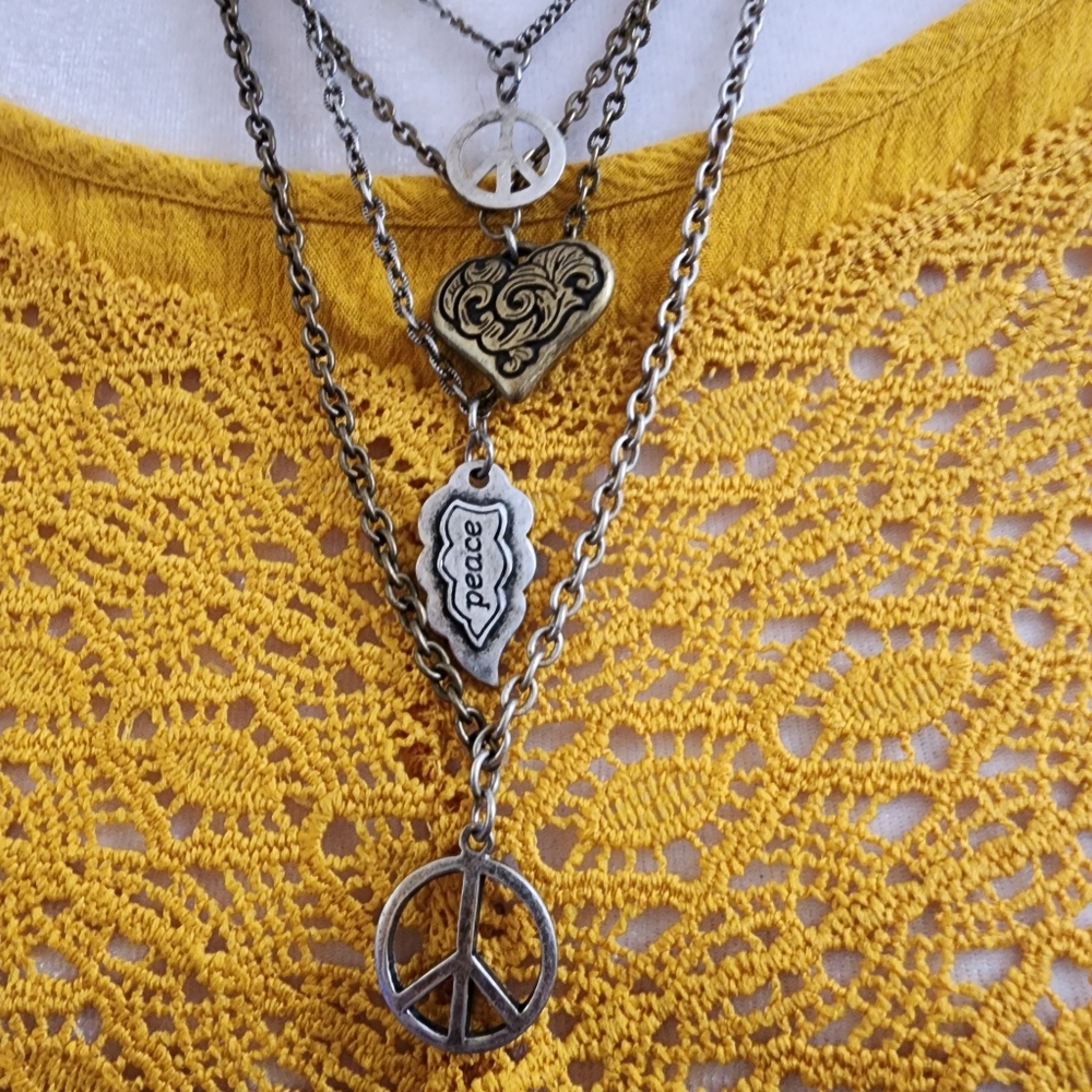 Groovy Statement Necklace With Peace and Love Charms Layered Style